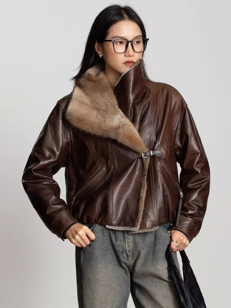Natural Mink Fur Collar Genuine Leather Down Jackets for Women High-end Simple Slim Short Winter Real Sheepskin Goose Down Coat
Natural Mink Fur Collar Genuine Leather Down Jackets for Women High-end Simple Slim Short Winter Real Sheepskin Goose Down Coat