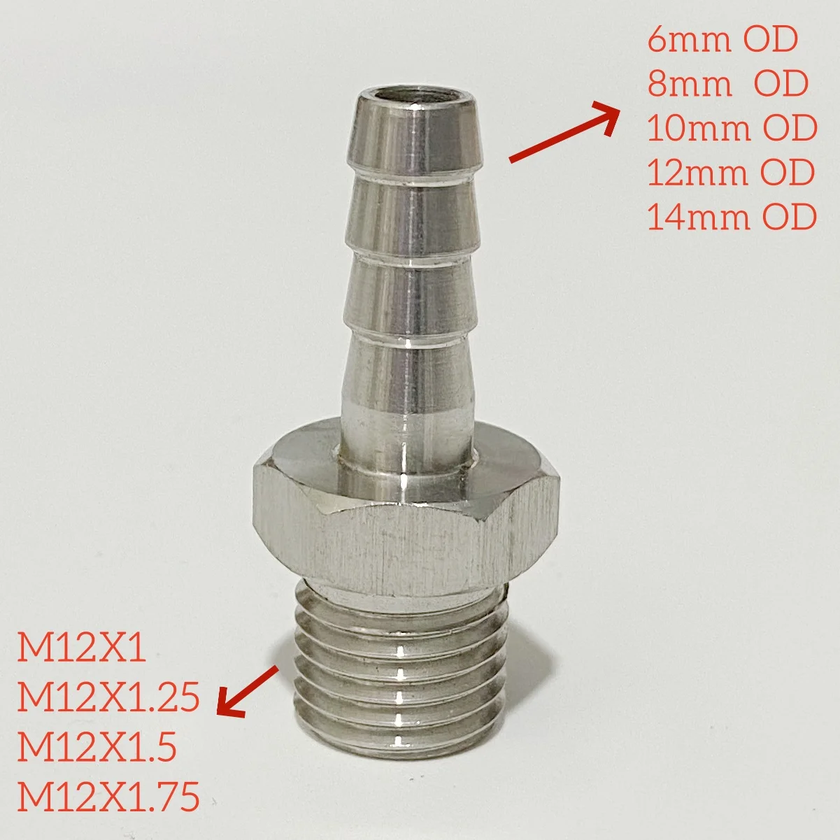 High Pressure Resistant 6mm 8mm 10mm 12mm 14mm Hose Barb OD To M12 Metric Male Thread 304 Stainless Steel Pipe Fitting
High Pressure Resistant 6mm 8mm 10mm 12mm 14mm Hose Barb OD To M12 Metric Male Thread 304 Stainless Steel Pipe Fitting