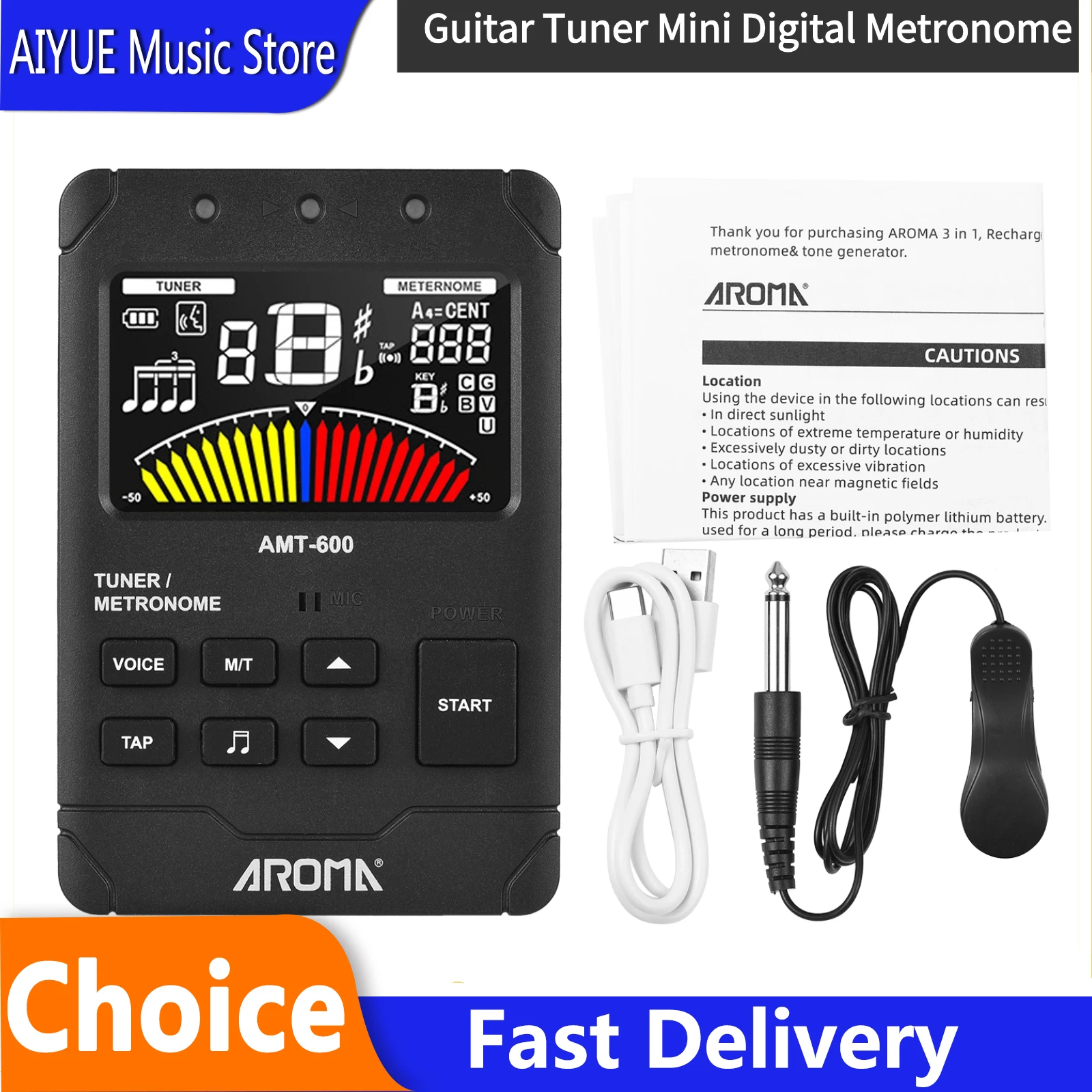 AROMA AMT-600 Tuner & Metronome & Tone Generator 3-in-1 Rechargeable 2.5-inch Color LCD Guitar Tuner Electronic Metronome
AROMA AMT-600 Tuner & Metronome & Tone Generator 3-in-1 Rechargeable 2.5-inch Color LCD Guitar Tuner Electronic Metronome