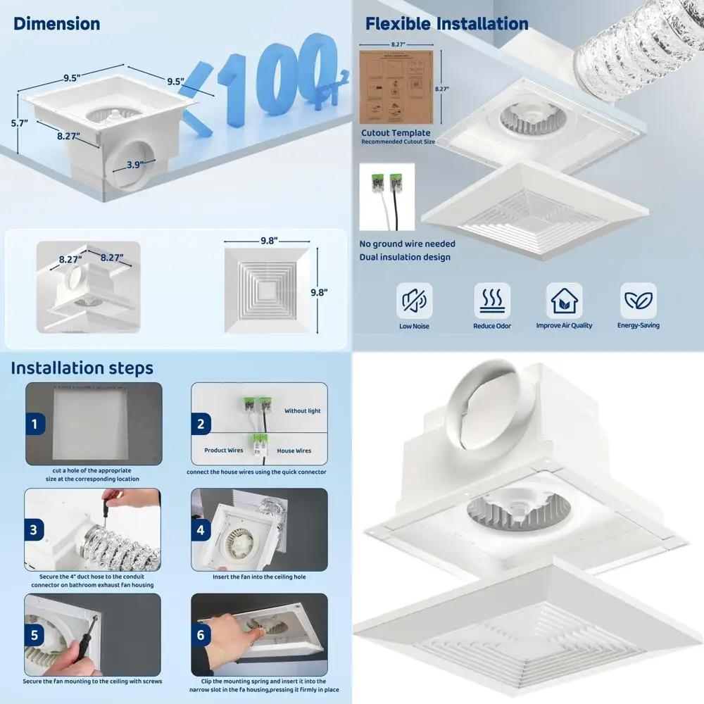 Ultra Quiet 100 CM 1.0 Sones Ceiling Exhaust Fan, 9.8 Panel, 8.27x8.27 Mount, 4 Duct, Energy Efficient for Home Bathroom Ventila
Ultra Quiet 100 CM 1.0 Sones Ceiling Exhaust Fan, 9.8 Panel, 8.27x8.27 Mount, 4 Duct, Energy Efficient for Home Bathroom Ventila
