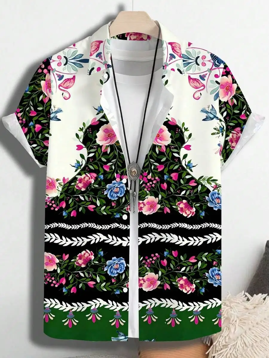 Mens Hawaiian Shirt With Floral Print Pink Blue Blossoms And Leafy Vines For Summer Casual Wear
Mens Hawaiian Shirt With Floral Print Pink Blue Blossoms And Leafy Vines For Summer Casual Wear
