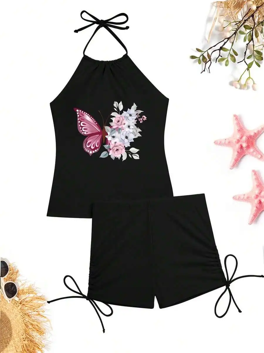 Womens Butterfly And Floral Print Tankini Set With Drawstring Shorts Modest Tummy Control Swimsuit
Womens Butterfly And Floral Print Tankini Set With Drawstring Shorts Modest Tummy Control Swimsuit