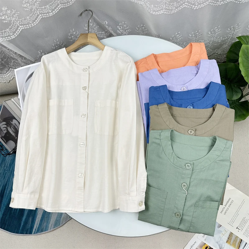 Высококачественная льняная женская рубашка с круглым вырезом и длинными рукавами, однотонная, свободного кроя, на пуговицах, для лета и повседневной носки
Высококачественная льняная женская рубашка с круглым вырезом и длинными рукавами, однотонная, свободного кроя, на пуговицах, для лета и повседневной носки