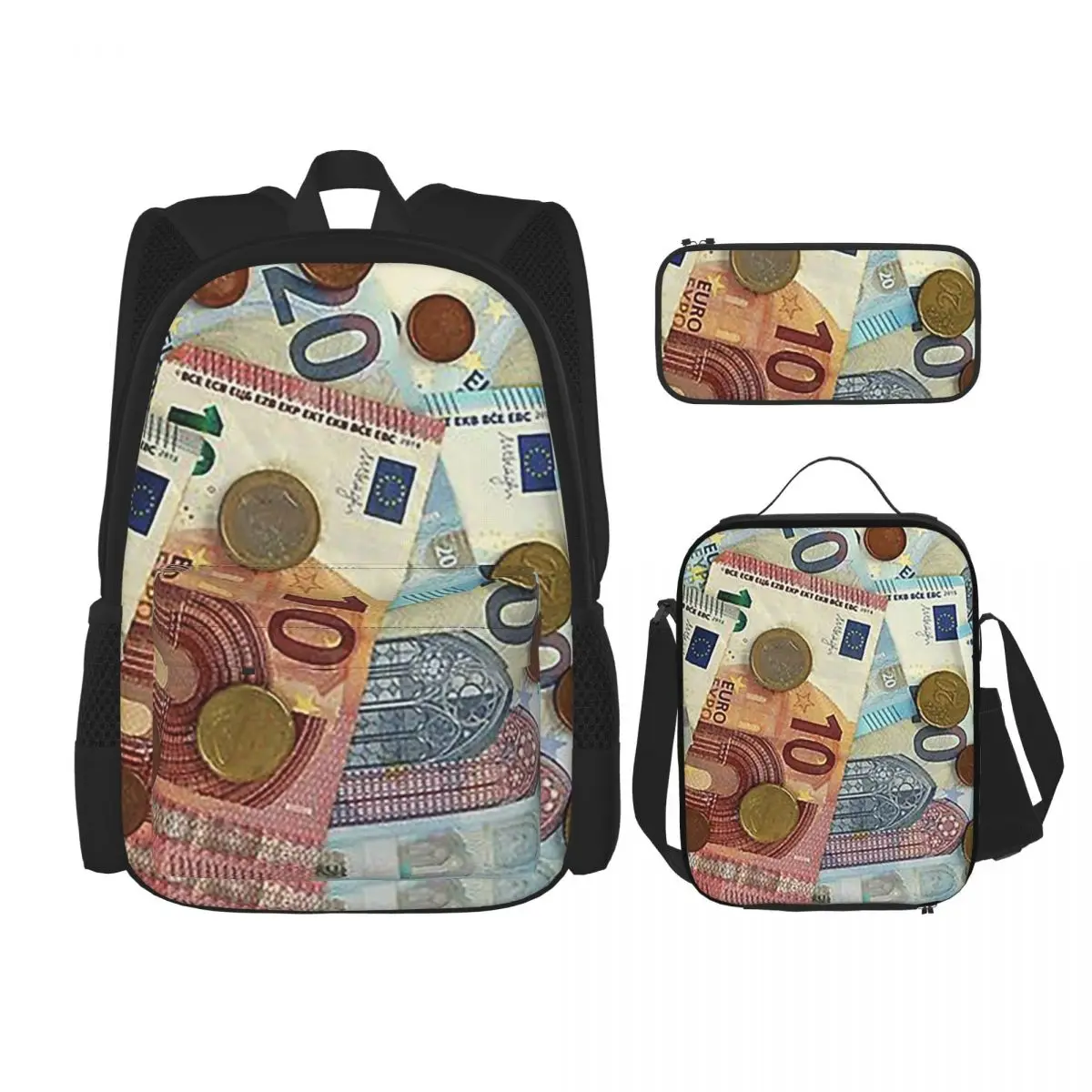 Euro Banknotes And Coins Backpacks Students Bookbag School Bags Rucksack Lunch Bag Pen Bag Three-Piece Set
Euro Banknotes And Coins Backpacks Students Bookbag School Bags Rucksack Lunch Bag Pen Bag Three-Piece Set