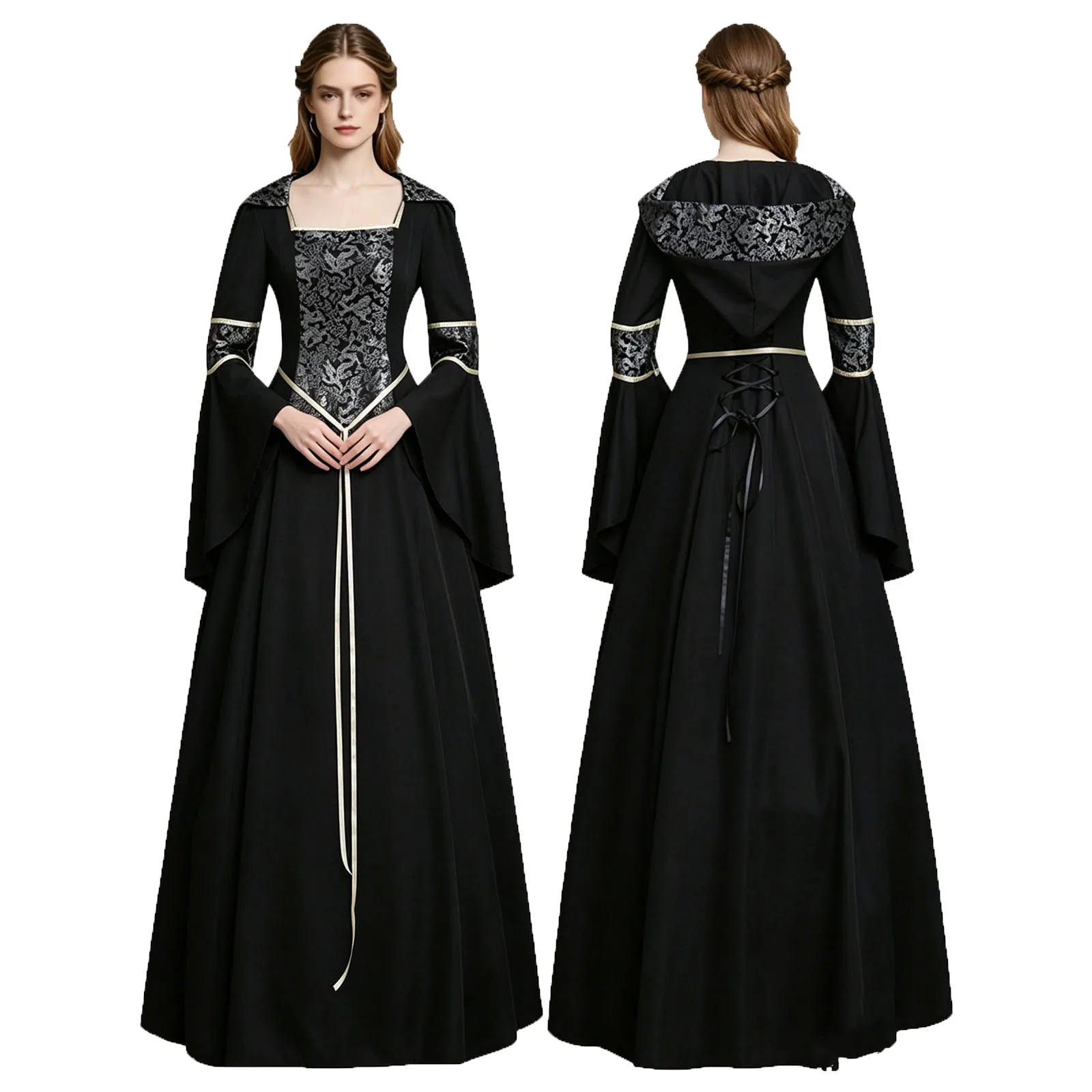 Medieval Renaissance Historical Court Dress Gold Jacquard Bell Sleeve Gothic Witch Gown for Halloween Cosplay
Medieval Renaissance Historical Court Dress Gold Jacquard Bell Sleeve Gothic Witch Gown for Halloween Cosplay