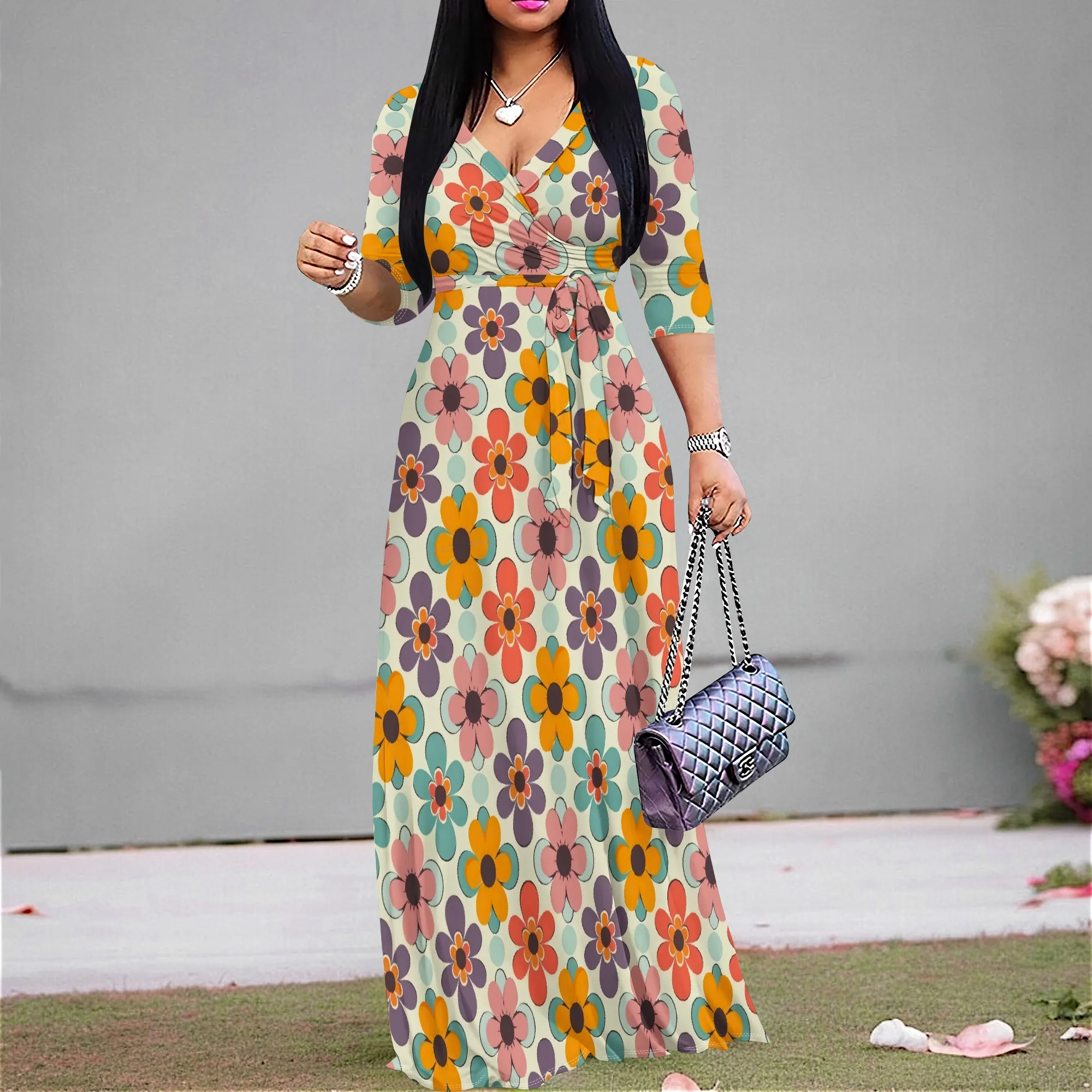 Boho Flower Print Long Dress S-3XL V-Neck Tie Waist for Weekend Brunch or Casual Outing
Boho Flower Print Long Dress S-3XL V-Neck Tie Waist for Weekend Brunch or Casual Outing