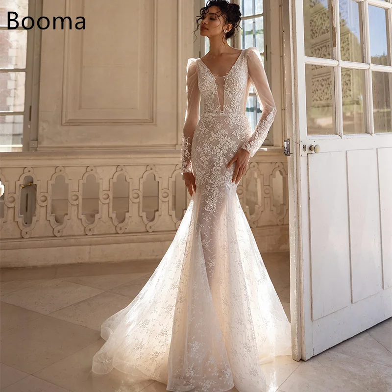 Booma Mermaid Elegant V-Neck Wedding Dresses Lace Appliques Long Tulle Flowers Brides Gown Custom Made 2025 
Booma Mermaid Elegant V-Neck Wedding Dresses Lace Appliques Long Tulle Flowers Brides Gown Custom Made 2025