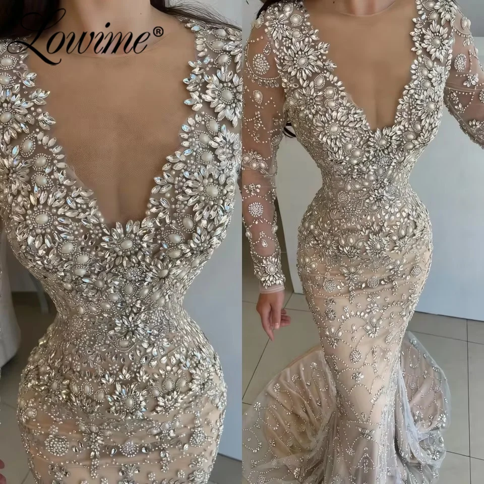 Вечерние платья-русалки цвета шампань на заказ с длинными рукавами, кристаллами и жемчужной вышивкой, элегантные вечерние платья с прозрачным вырезом горловины, арабские праздничные платья
Вечерние платья-русалки цвета шампань на заказ с длинными рукавами, кристаллами и жемчужной вышивкой, элегантные вечерние платья с прозрачным вырезом горловины, арабские праздничные платья