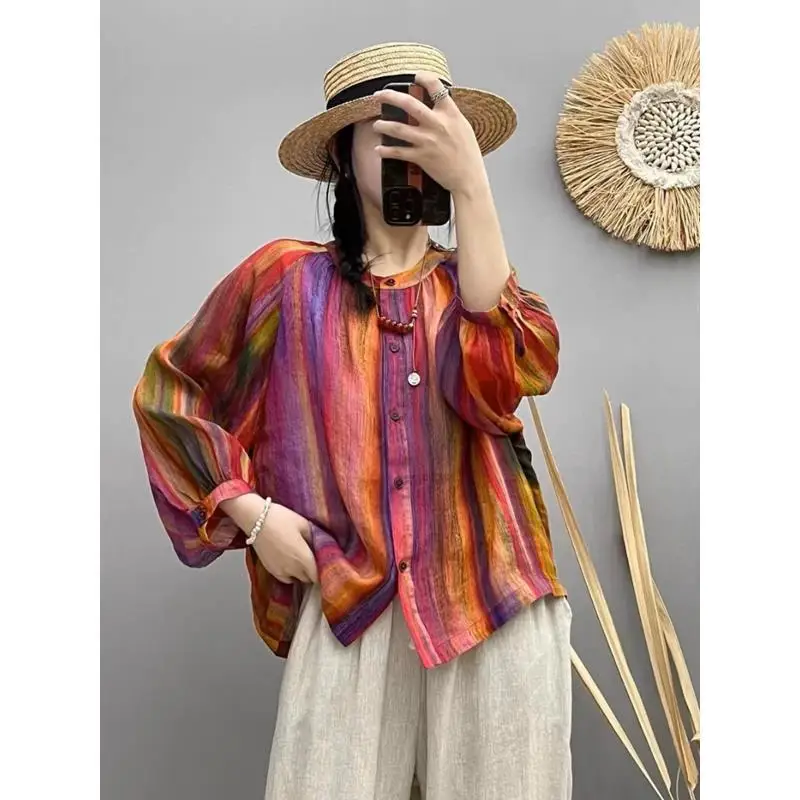 New Spring Summer Women Vertical Stripes Loose Versatile Shirt Single-breasted Stand-up Collar Puff Sleeve Color Top Cardigan
New Spring Summer Women Vertical Stripes Loose Versatile Shirt Single-breasted Stand-up Collar Puff Sleeve Color Top Cardigan