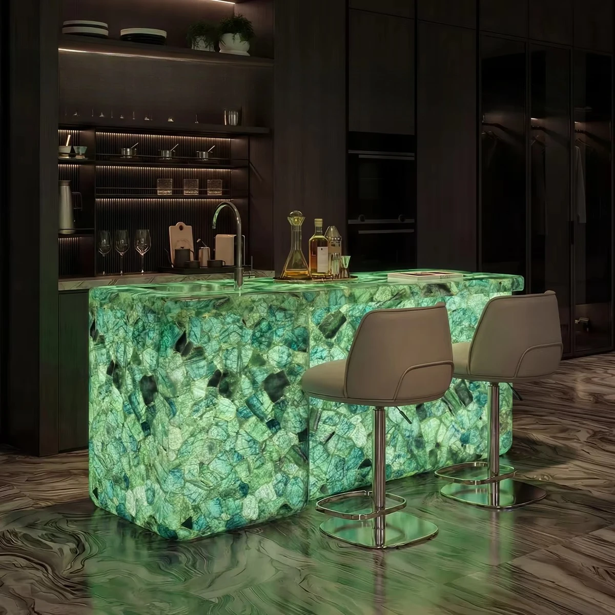Luxury Illustrated Onyx Mini Home Bar Backlit Green Crystal Quartz Translucent Bar Counter
Luxury Illustrated Onyx Mini Home Bar Backlit Green Crystal Quartz Translucent Bar Counter
