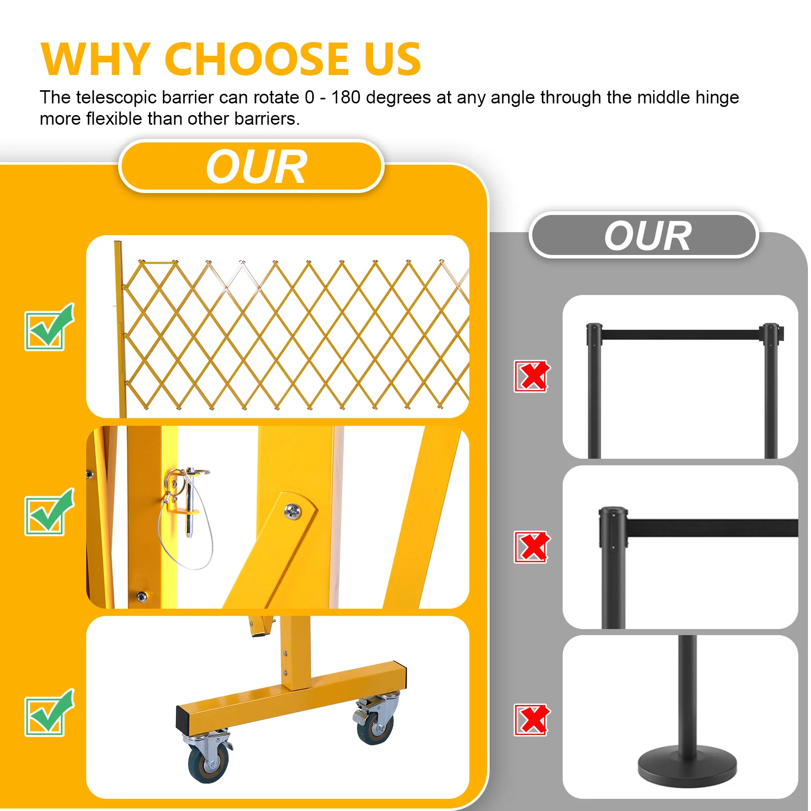 Portable Free Standing Safety Barrier with Casters 0-180 Degree Rotating for Construction Site/Traffic Control/Cordon
Portable Free Standing Safety Barrier with Casters 0-180 Degree Rotating for Construction Site/Traffic Control/Cordon
