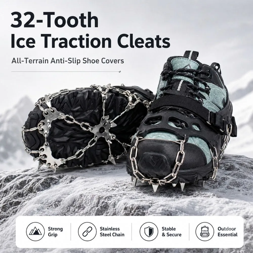32 Teeth Stainless Steel Anti Slip Shoe Covers Reusable Winter Ice Grips Durable Traction Cleats for Hiking Climbing Fishing
32 Teeth Stainless Steel Anti Slip Shoe Covers Reusable Winter Ice Grips Durable Traction Cleats for Hiking Climbing Fishing