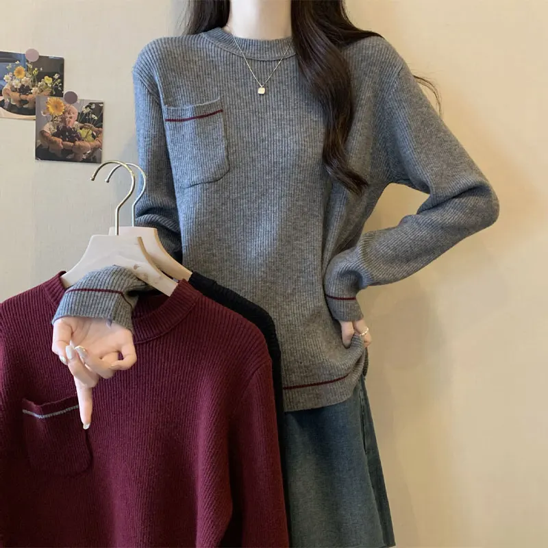 Korean Pockets Knitted Jumpers Women's Clothing Stylish Spliced Autumn Winter Round Neck Vintage Casual Long Sleeve Sweaters New
Korean Pockets Knitted Jumpers Women's Clothing Stylish Spliced Autumn Winter Round Neck Vintage Casual Long Sleeve Sweaters New