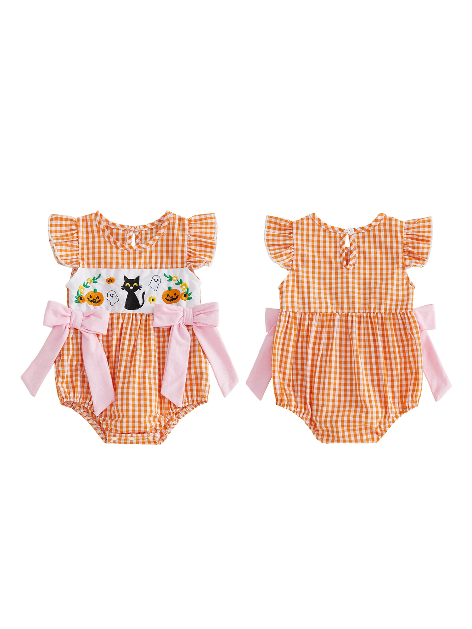 Adorable Toddler Halloween Plaid Romper with Pumpkin Witch Hat Embroidery and Bow Detail Cute Flying Sleeve Jumpsuit
Adorable Toddler Halloween Plaid Romper with Pumpkin Witch Hat Embroidery and Bow Detail Cute Flying Sleeve Jumpsuit