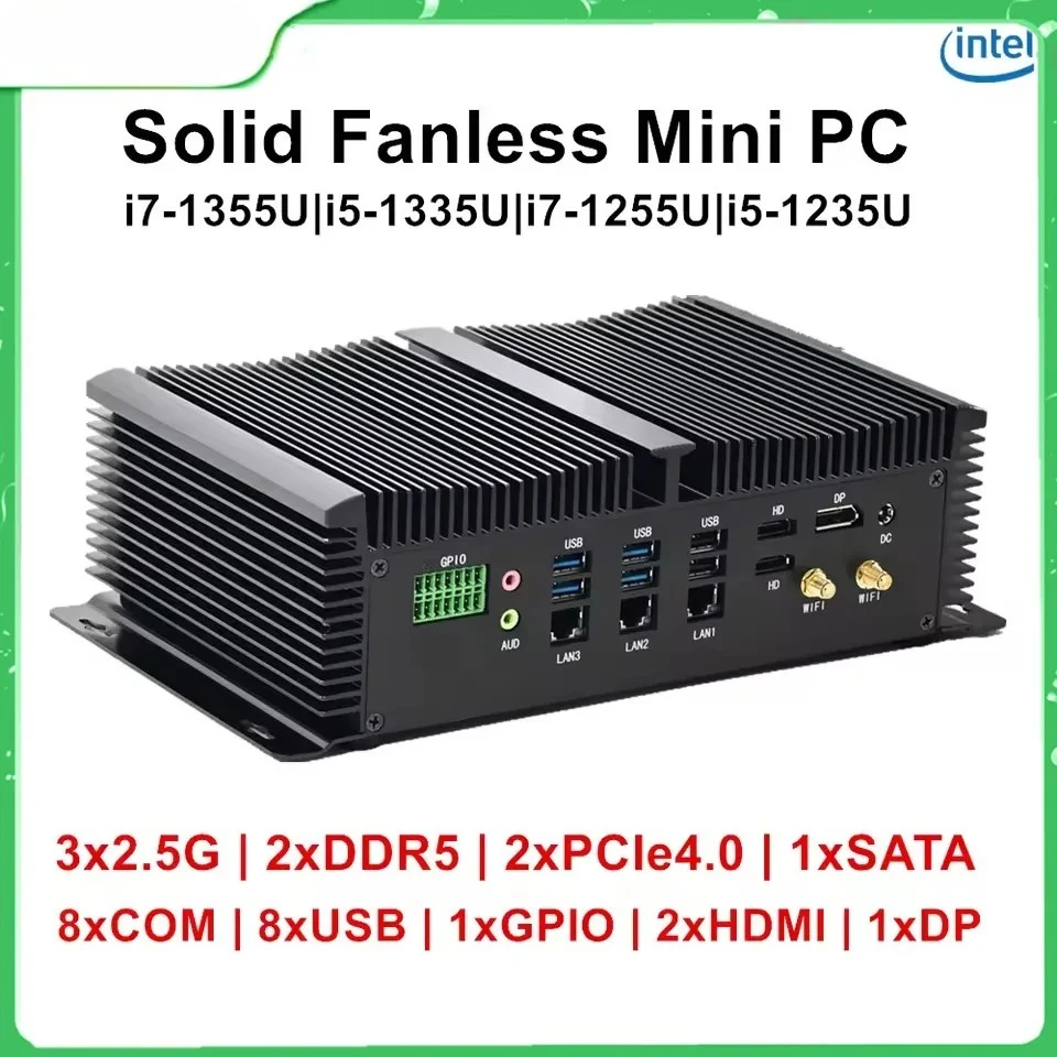 Solid Firewall NAS Industrial Computer Intel i7 1355U i5 1335U 3xi226-V 2.5G 2xDDR5 2xPCIe4.0 1xSATA 8xCOM GPIO Fanless Mini PC
Solid Firewall NAS Industrial Computer Intel i7 1355U i5 1335U 3xi226-V 2.5G 2xDDR5 2xPCIe4.0 1xSATA 8xCOM GPIO Fanless Mini PC