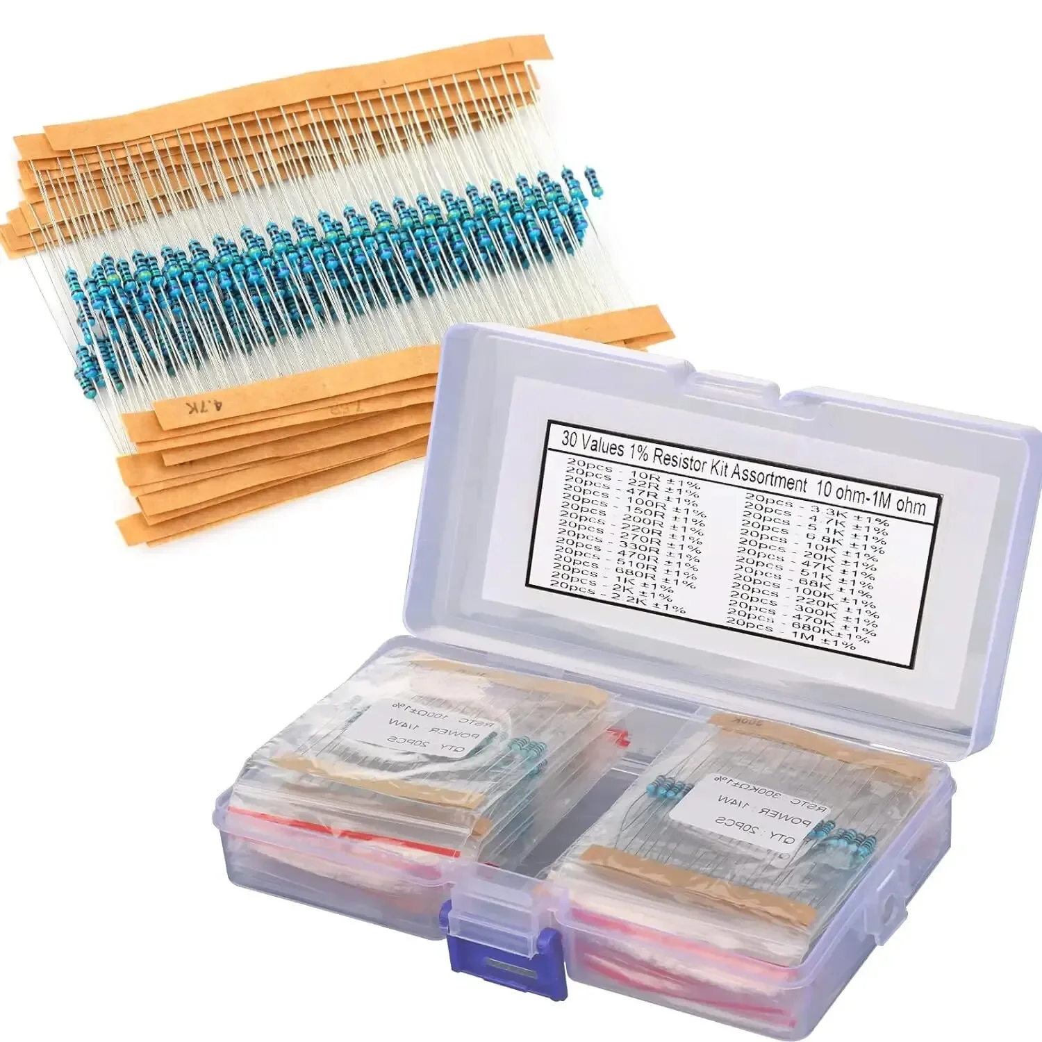 600 Pcs Metal Film Resistor Kit Assorted Kit 30 Values Metal Film Resistor Resistance 1/4W 1ohm-10Mohm 1% Tolerance
600 Pcs Metal Film Resistor Kit Assorted Kit 30 Values Metal Film Resistor Resistance 1/4W 1ohm-10Mohm 1% Tolerance