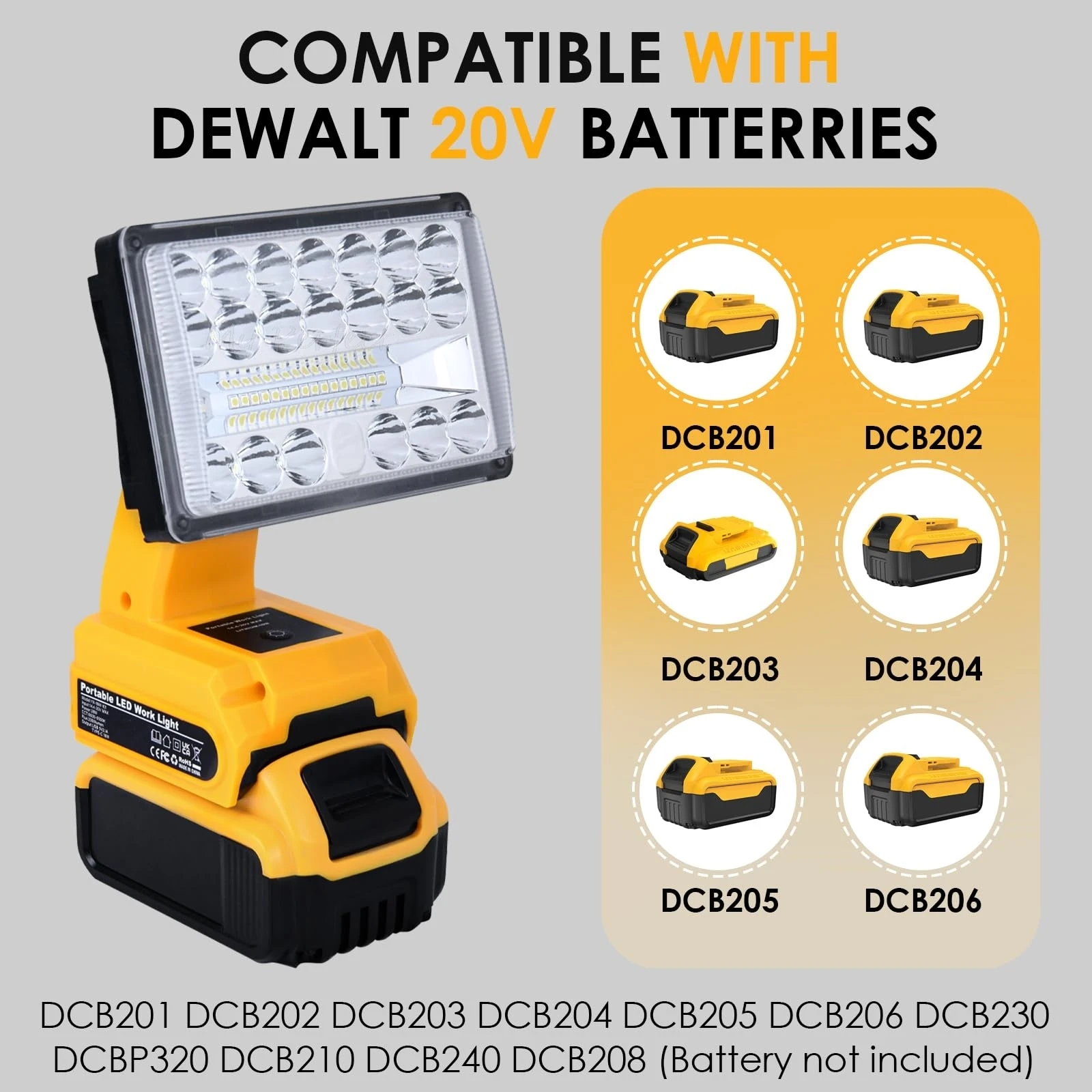 Portable Flashlight 2000LM Compatible with Dewalt 20V Batteries Cordless LED Work Light Floodlight Spotlight for Job Site Indoor
Portable Flashlight 2000LM Compatible with Dewalt 20V Batteries Cordless LED Work Light Floodlight Spotlight for Job Site Indoor