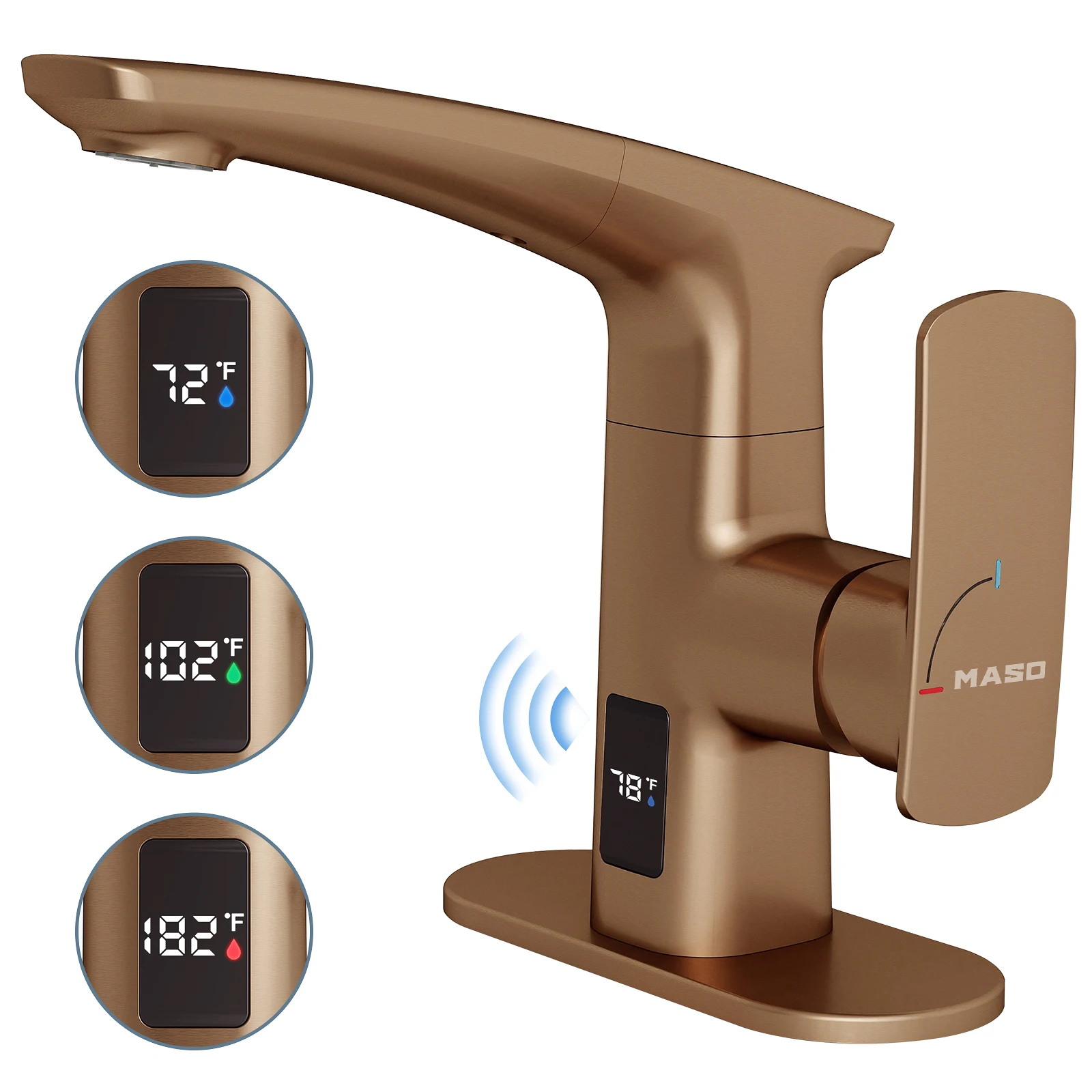 MASO Touchless Bathroom Faucet, Pull-Down, 2 Spray Modes, Temp Display °F, Motion Sensor, 360° Swivel, Brushed Rose Gold
MASO Touchless Bathroom Faucet, Pull-Down, 2 Spray Modes, Temp Display °F, Motion Sensor, 360° Swivel, Brushed Rose Gold