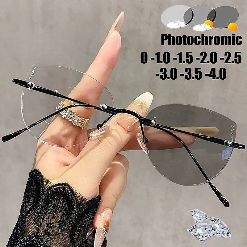 Rimless Cat Eye Photochromic Myopia Glasses Diamond Decor Ultralight High-definition Anti Blue Light Glasses Near Sight Glasses
Rimless Cat Eye Photochromic Myopia Glasses Diamond Decor Ultralight High-definition Anti Blue Light Glasses Near Sight Glasses