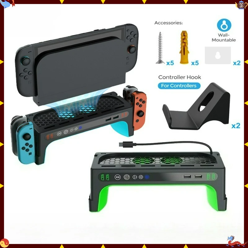 Multi-Functional Charging Base for Switch/Switch 2 with PD Fast Charging,3-Speed Fans,Adjustable RGB Light&6 Game Card Storage