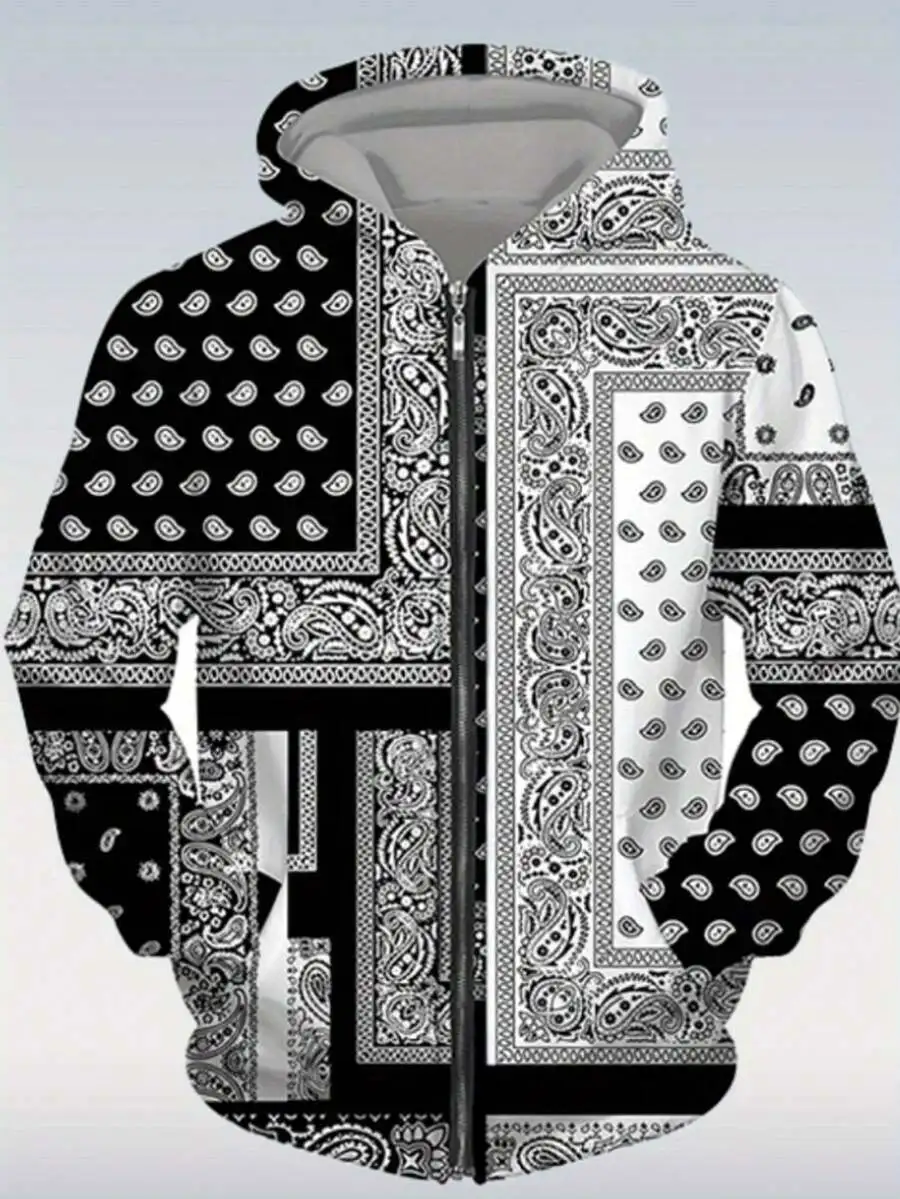 Mens Black White Paisley All Over Print Zip-Up Hoodie And Matching Jogger Set Urban Boho Street Style
Mens Black White Paisley All Over Print Zip-Up Hoodie And Matching Jogger Set Urban Boho Street Style
