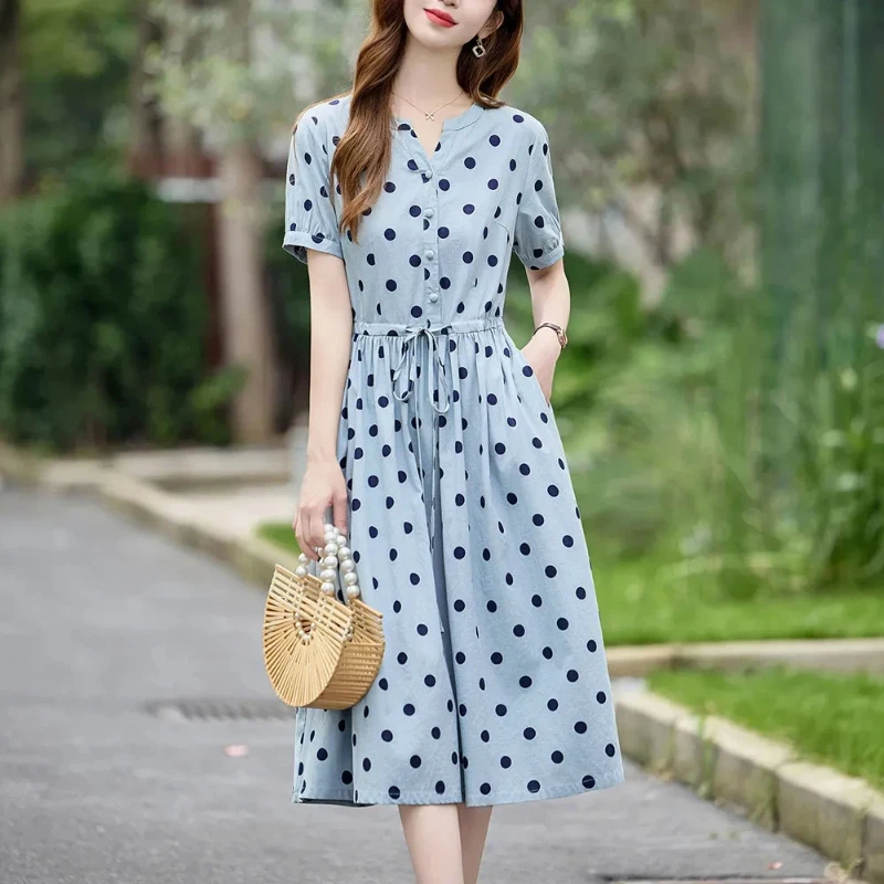 Light Blue Polka Dot V Neck Short Sleeve A Line Midi Dress with Button Front and Drawstring Waist for Summer Casual Wear
Light Blue Polka Dot V Neck Short Sleeve A Line Midi Dress with Button Front and Drawstring Waist for Summer Casual Wear
