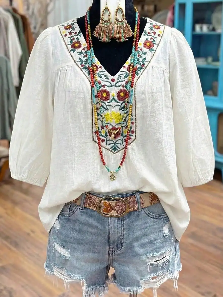 Embroidered Casual Loose Bohemian Half Sleeve Blouse For Women
Embroidered Casual Loose Bohemian Half Sleeve Blouse For Women