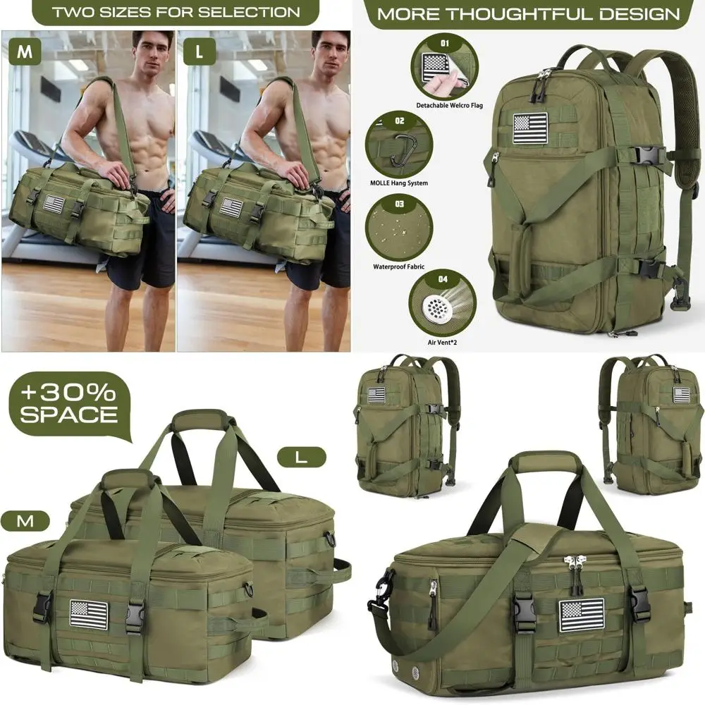 Large Tactical Duffel Backpack for Men with Shoe Compartment, 3-in-1 Travel Bag, Wet Pocket, Weekender, and Gym Bag, Green
Large Tactical Duffel Backpack for Men with Shoe Compartment, 3-in-1 Travel Bag, Wet Pocket, Weekender, and Gym Bag, Green