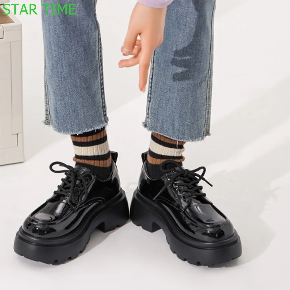 

Patent Leather British Style Loafers 2024 Spring Round Toe High-Heeled Lace Up Casual Shoes Black 7Cm Fashion Women Shoes