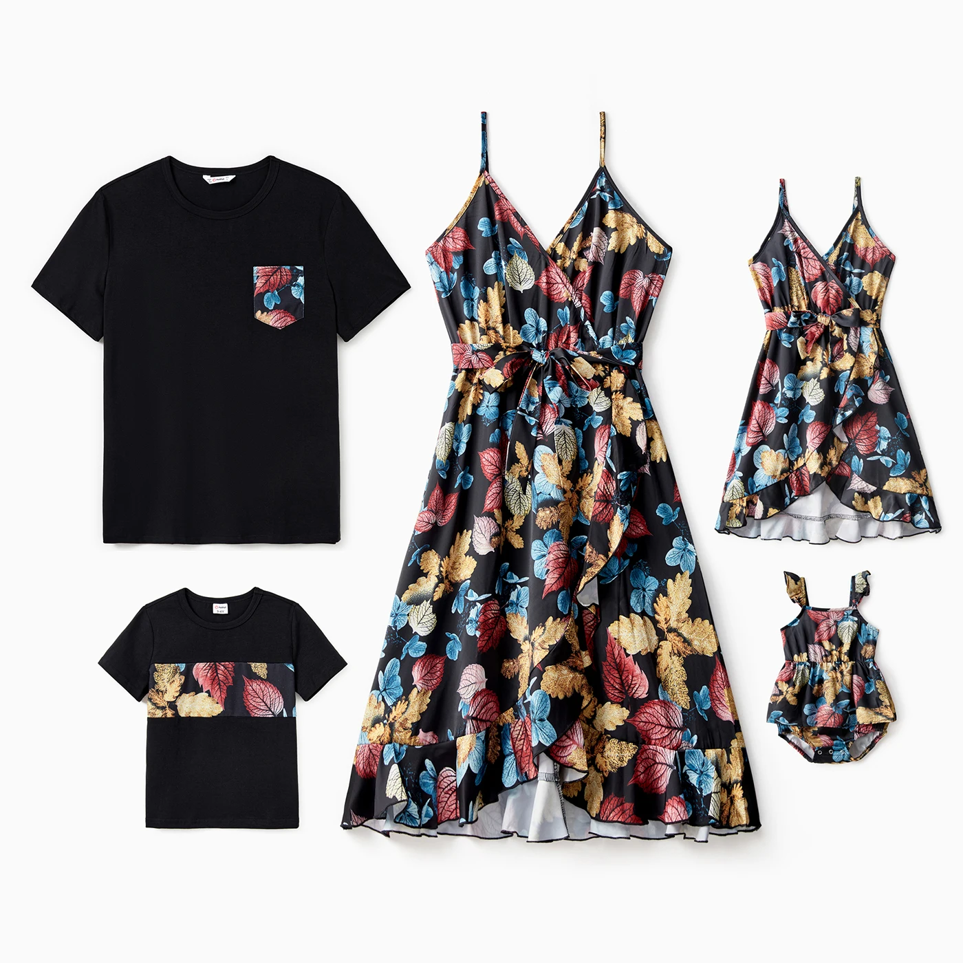 PatPat Family Matching Sets Black Tee or Colorful Leaf Pattern Floral Wrap Bottom Ruffle Hem High-Low Dress with Hidden Snap
PatPat Family Matching Sets Black Tee or Colorful Leaf Pattern Floral Wrap Bottom Ruffle Hem High-Low Dress with Hidden Snap