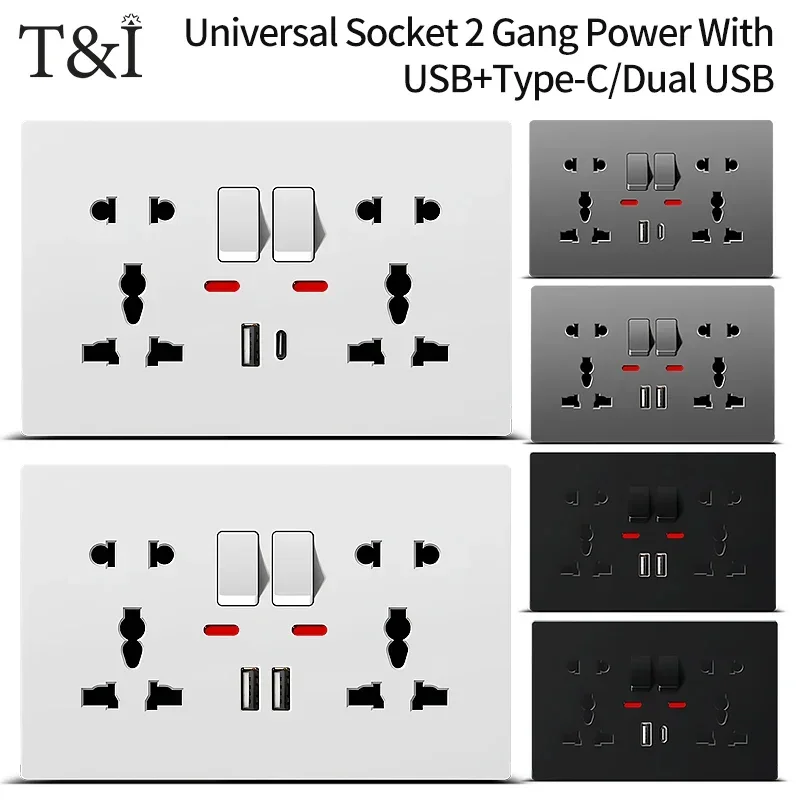 Universal Wall Socket with USB-C and USB Charger, 2 Gang Power Outlet with Switches, Flush Mount AC 110–250V for Home Office Use
Universal Wall Socket with USB-C and USB Charger, 2 Gang Power Outlet with Switches, Flush Mount AC 110–250V for Home Office Use
