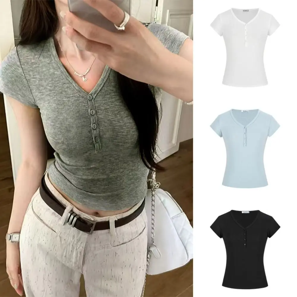 Korean Style Slim Fit Short Sleeve T-shirt Solid Color Button Crop Top Women Chic Bottoming Shirt V-neck Tees Top Summer
Korean Style Slim Fit Short Sleeve T-shirt Solid Color Button Crop Top Women Chic Bottoming Shirt V-neck Tees Top Summer