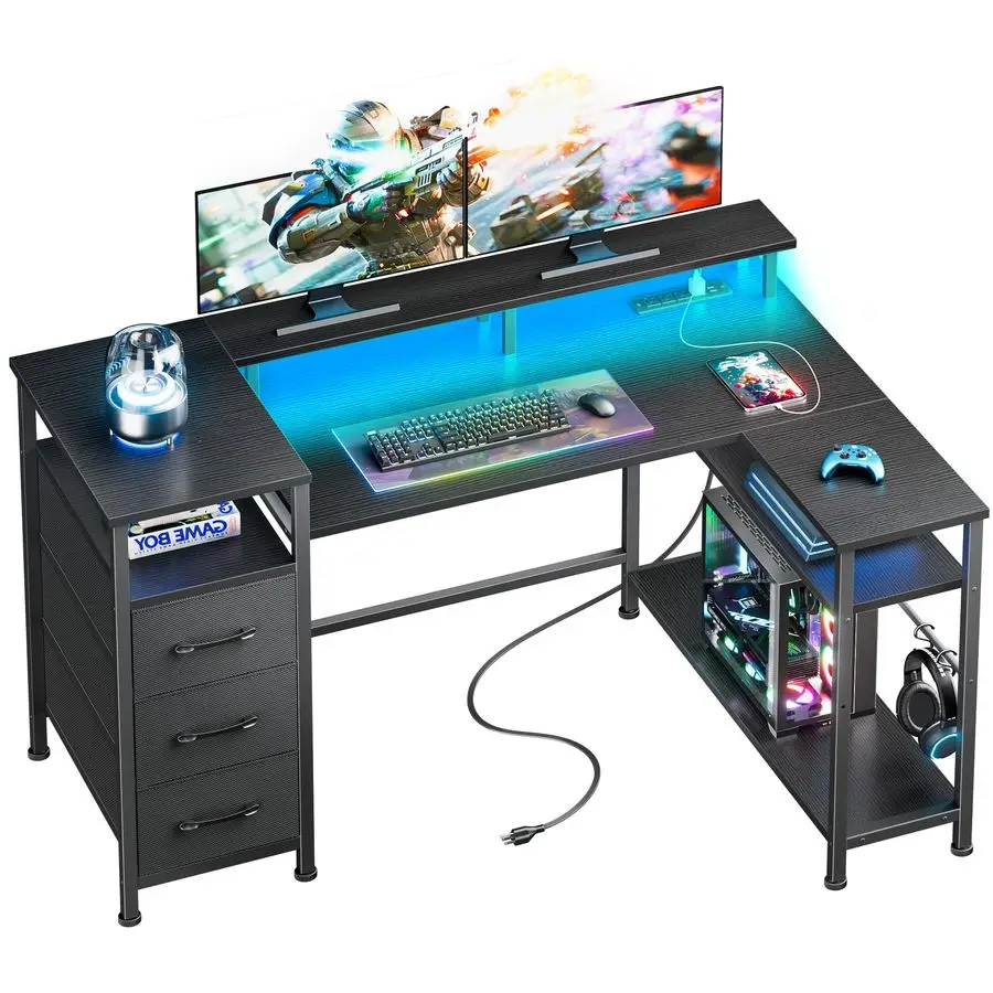 47 Inch L Shaped Gaming Desk with Power Outlets and LED Lights, Reversible Computer Desk with File Drawers Monitor Stand
47 Inch L Shaped Gaming Desk with Power Outlets and LED Lights, Reversible Computer Desk with File Drawers Monitor Stand