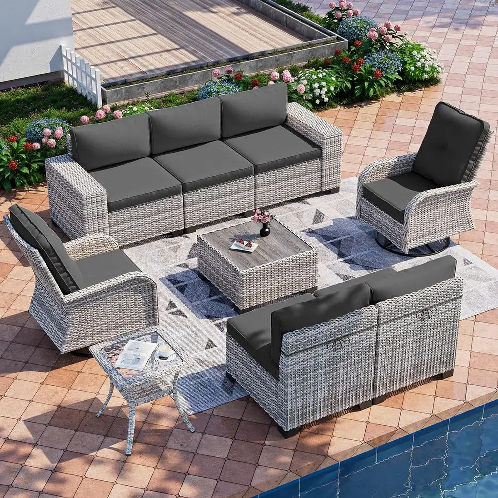 9-Piece Outdoor Patio Furniture Set: Rocking Swivel Chair, Wicker Sectional Sofa, Thick Cushions, Coffee Table - Grey for Backya
9-Piece Outdoor Patio Furniture Set: Rocking Swivel Chair, Wicker Sectional Sofa, Thick Cushions, Coffee Table - Grey for Backya