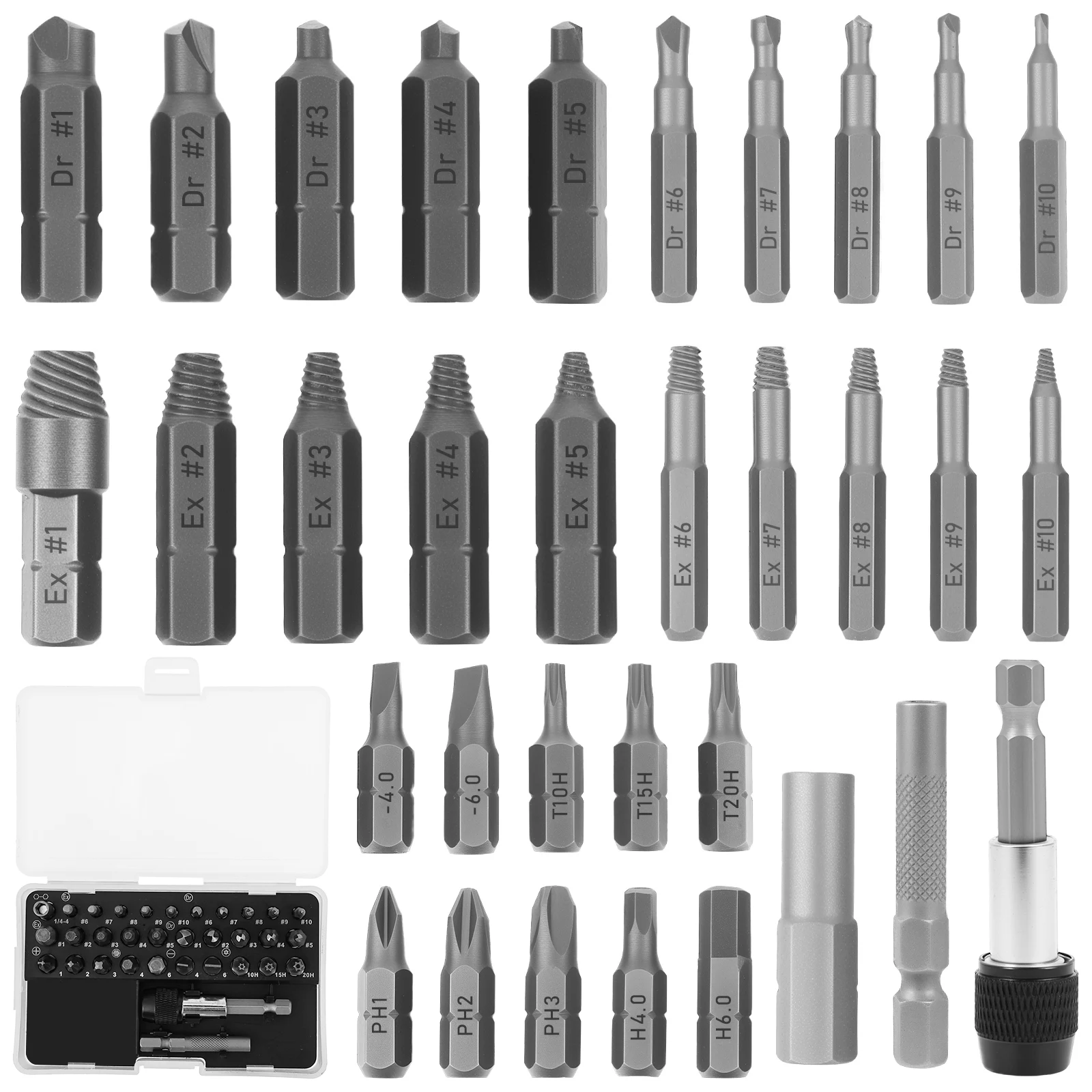 33Pcs Damaged Screw Extractor Set High Speed Steel Broken Screw Removal Kit Rusted Bolt Removal Set with Extension Shaft
33Pcs Damaged Screw Extractor Set High Speed Steel Broken Screw Removal Kit Rusted Bolt Removal Set with Extension Shaft