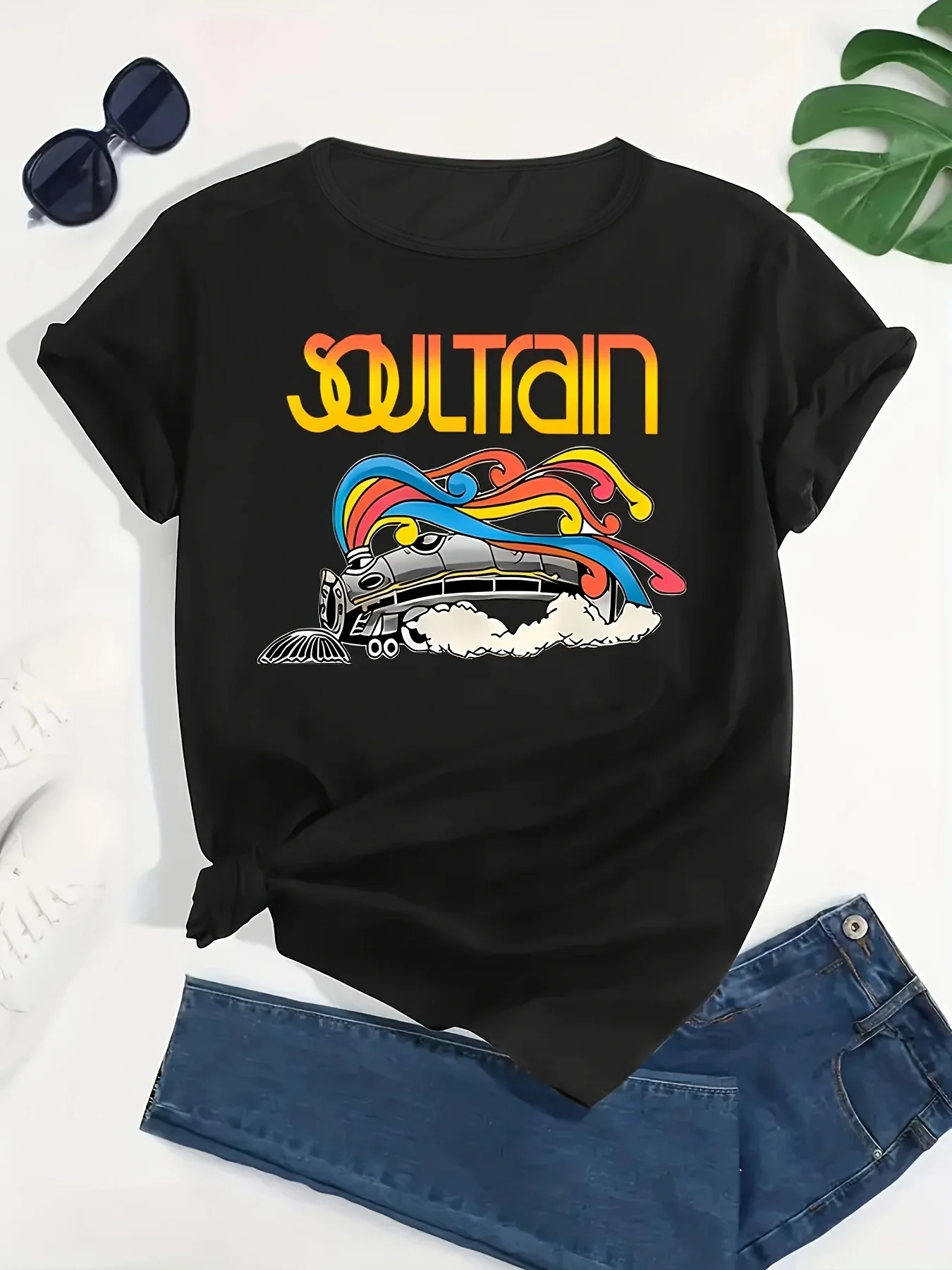 Plus Size Women's Graphic T-Shirt - Soul Train Design with Bold Yellow Lettering & Colorful Retro Print, StretchyPolyester Blend
Plus Size Women's Graphic T-Shirt - Soul Train Design with Bold Yellow Lettering & Colorful Retro Print, StretchyPolyester Blend