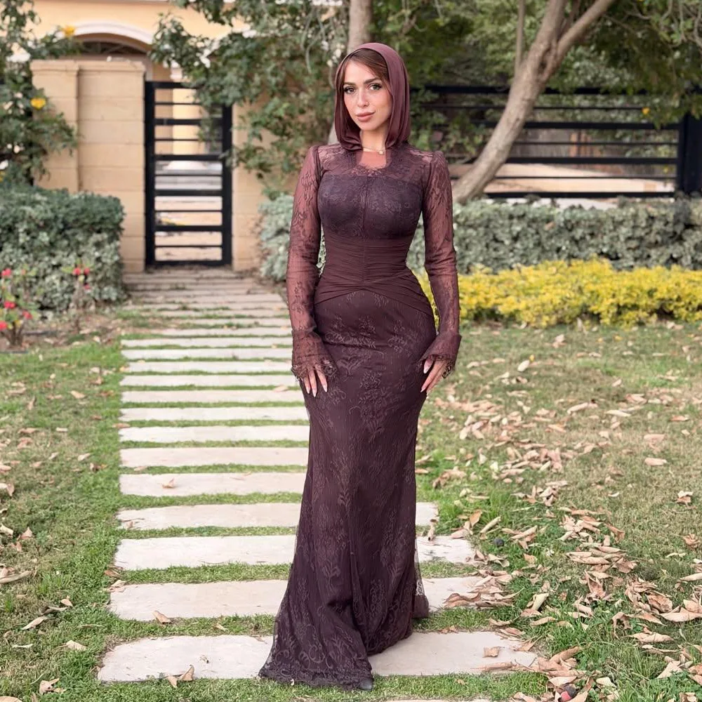 Customized Full Lace Mermaid Hijba Evening Dress O Neck Long Sleeve Muslim Wedding Guest Outfit Ruched Waist Long Prom Gown
Customized Full Lace Mermaid Hijba Evening Dress O Neck Long Sleeve Muslim Wedding Guest Outfit Ruched Waist Long Prom Gown