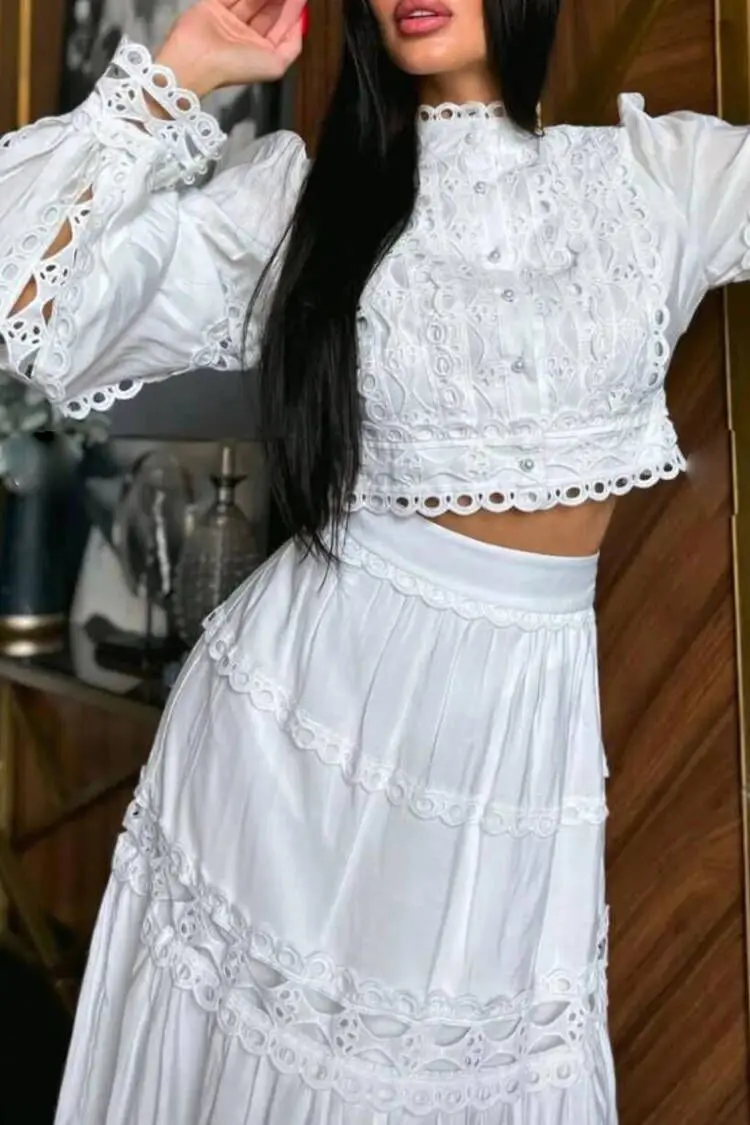 Осенний вязаный крючком комплект из двух предметов с длинными рукавами, женский весенний воротник-стойка, кружевной полый топ и длинные юбки, повседневный однотонный офисный костюм
Осенний вязаный крючком комплект из двух предметов с длинными рукавами, женский весенний воротник-стойка, кружевной полый топ и длинные юбки, повседневный однотонный офисный костюм