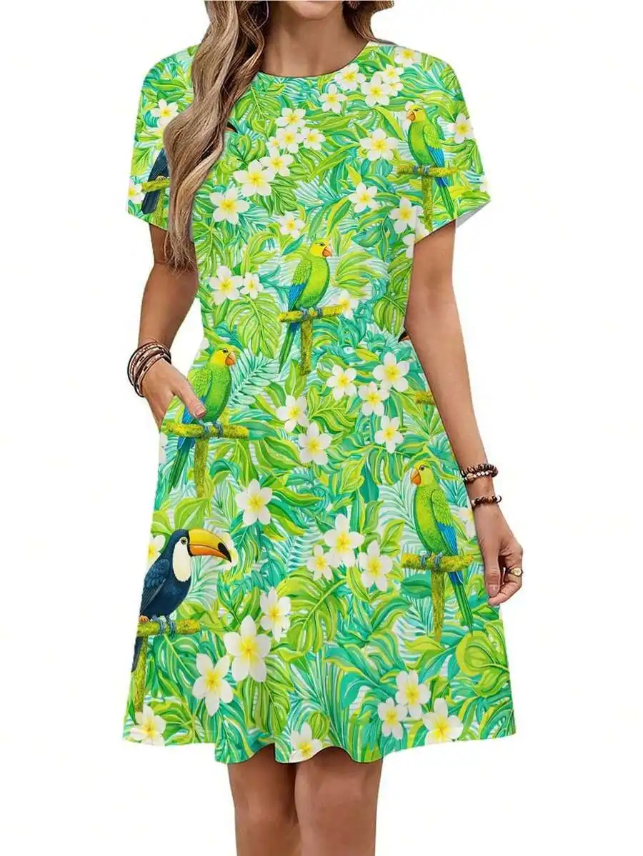 Tropical Birds And Flowers Print Women Loose Short Sleeve T-Shirt Dress With Pocket
Tropical Birds And Flowers Print Women Loose Short Sleeve T-Shirt Dress With Pocket