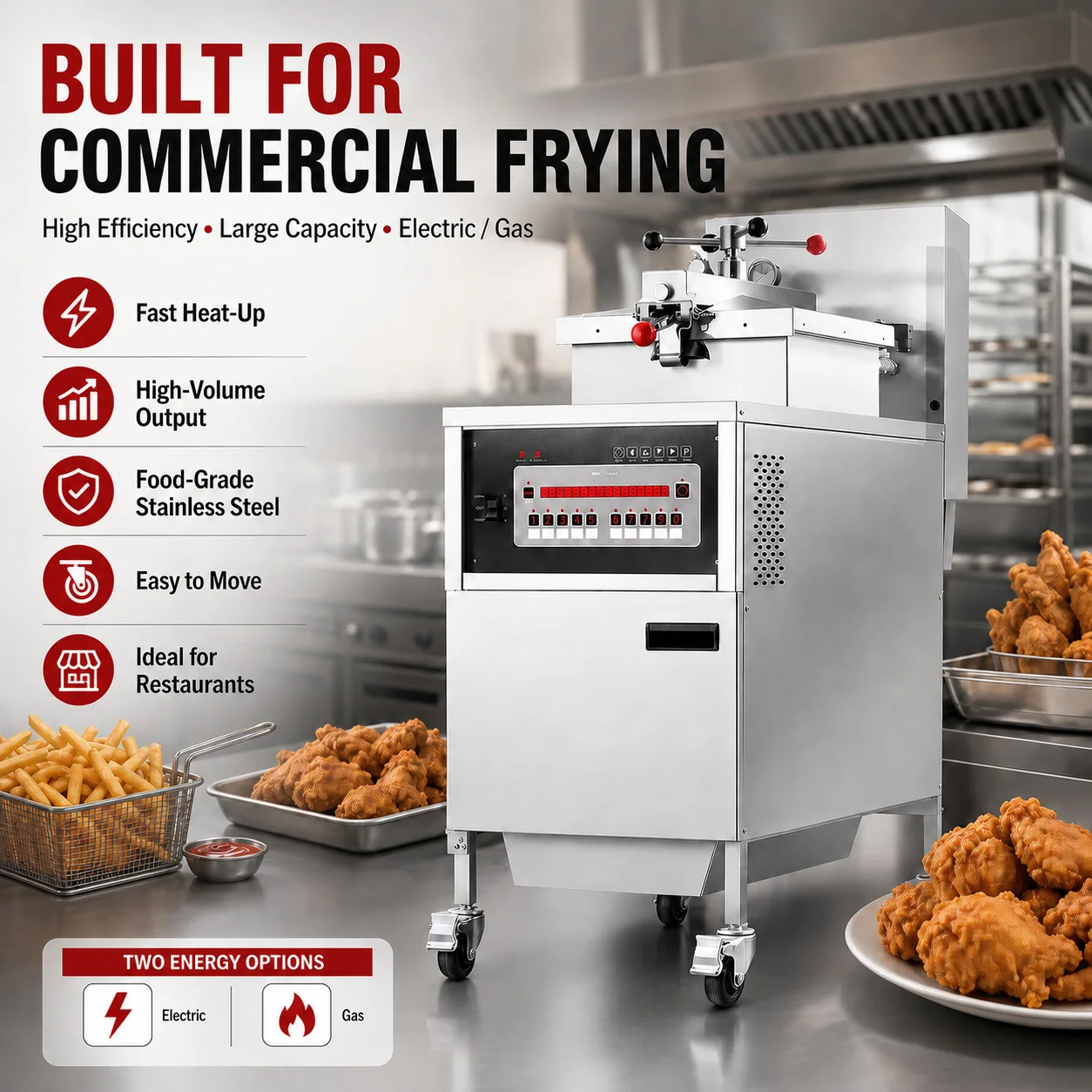 American pressure , commercial electric , gas fryer, pressure , fried chicken thighs and duck legs fried chicken
American pressure , commercial electric , gas fryer, pressure , fried chicken thighs and duck legs fried chicken