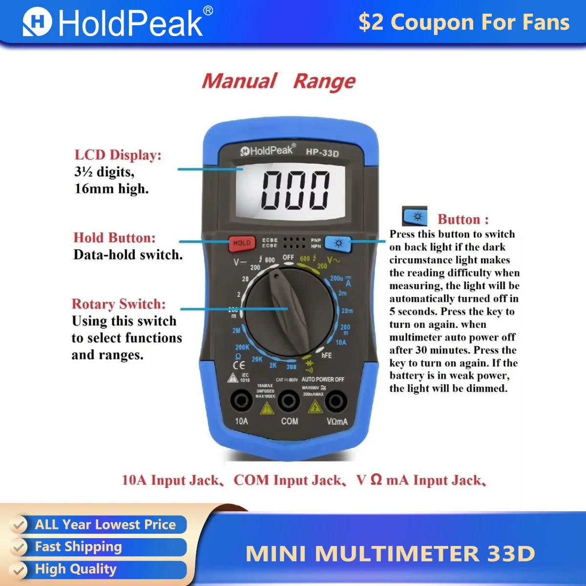 HP-33D Digital Manual Multimeter DC/AC Voltage Current Resistance Diode Tester with Data Hold,Shock Protection,Measuring Cable
HP-33D Digital Manual Multimeter DC/AC Voltage Current Resistance Diode Tester with Data Hold,Shock Protection,Measuring Cable