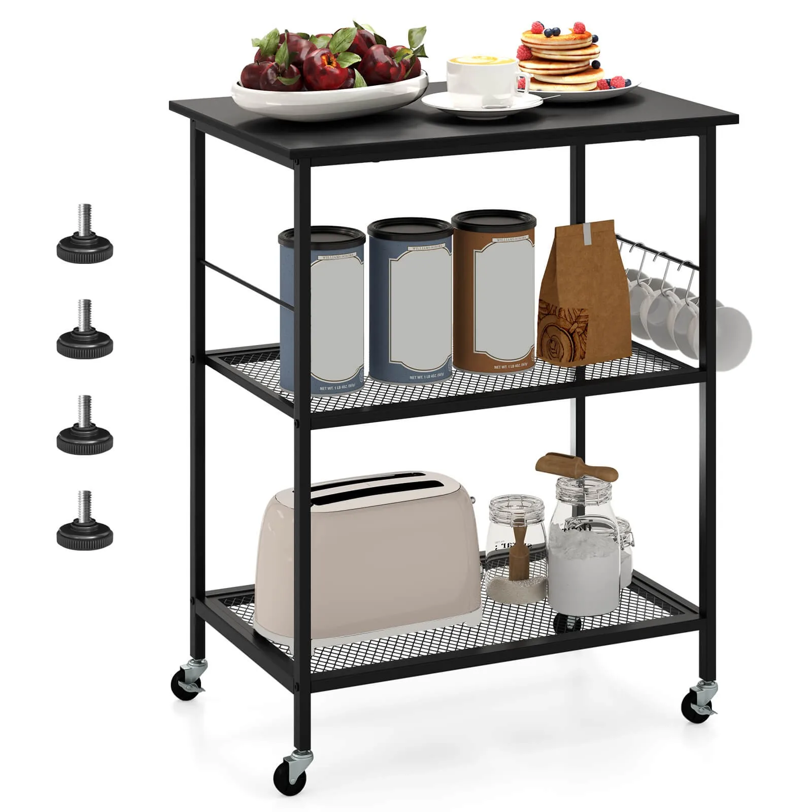 3-tier kitchen service cart with a practical upright microwave oven rack and hooks
3-tier kitchen service cart with a practical upright microwave oven rack and hooks