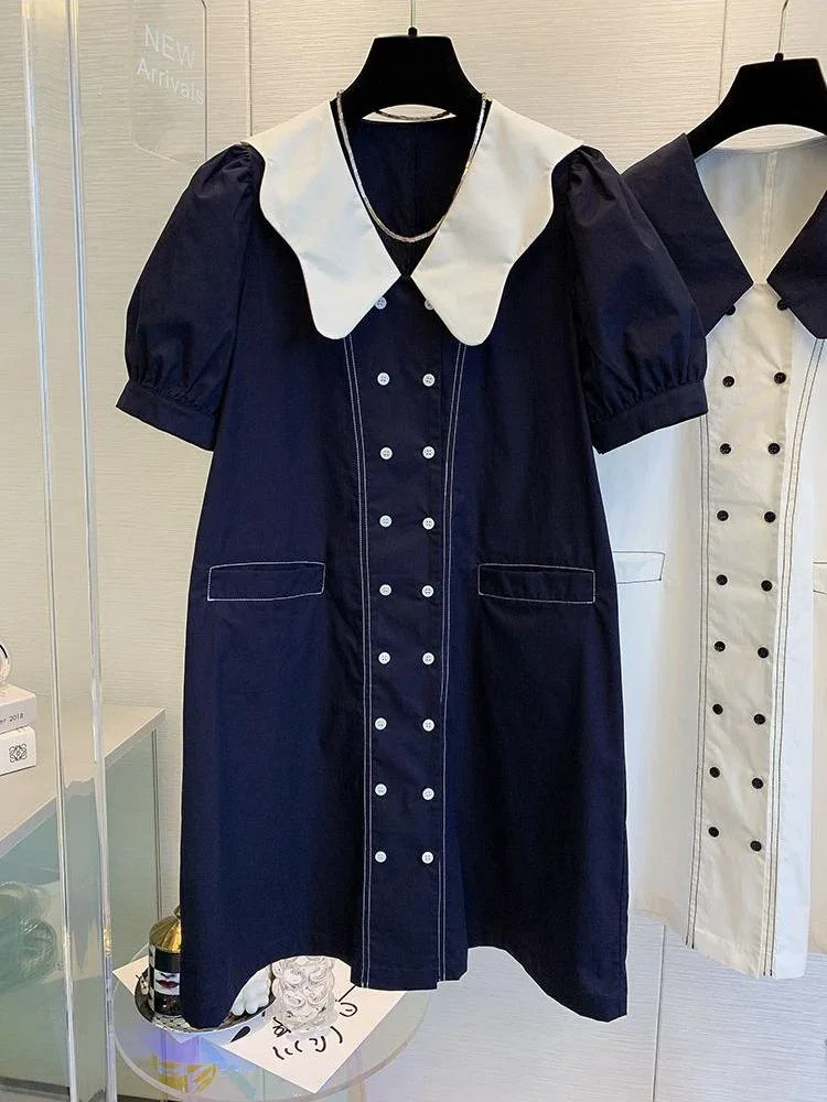 Korean Style Doll Collar Dress Summer New Niche Design Short Sleeve Dress Chic Loose Straight Double Breasted Dress
Korean Style Doll Collar Dress Summer New Niche Design Short Sleeve Dress Chic Loose Straight Double Breasted Dress