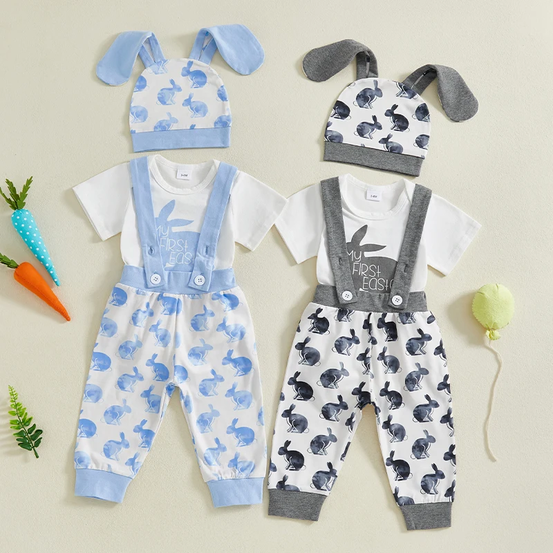 Baby Boy Easter Outfits Bunny Print Short Sleeve Round Neck Romper with Suspender Pants and Hat 3 Pcs Sets
Baby Boy Easter Outfits Bunny Print Short Sleeve Round Neck Romper with Suspender Pants and Hat 3 Pcs Sets
