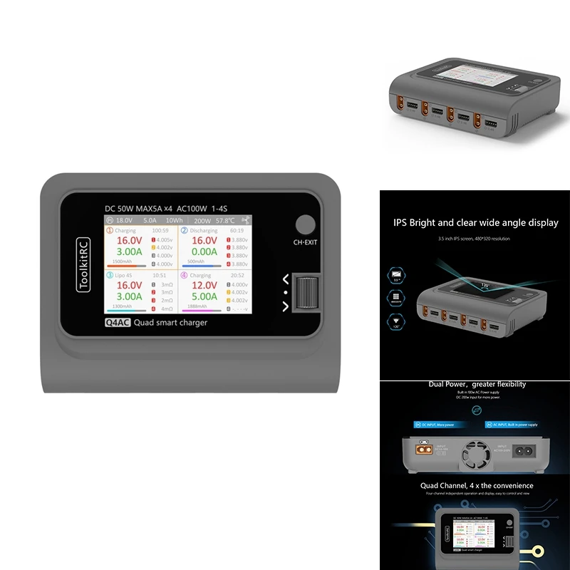 Toolkitrc Q4AC Smart Balance Charger 4X50w 5A AC 100W 4-портовое интеллектуальное зарядное устройство для 1-4S Lipo Battery FPV Racing Drone
Toolkitrc Q4AC Smart Balance Charger 4X50w 5A AC 100W 4-портовое интеллектуальное зарядное устройство для 1-4S Lipo Battery FPV Racing Drone