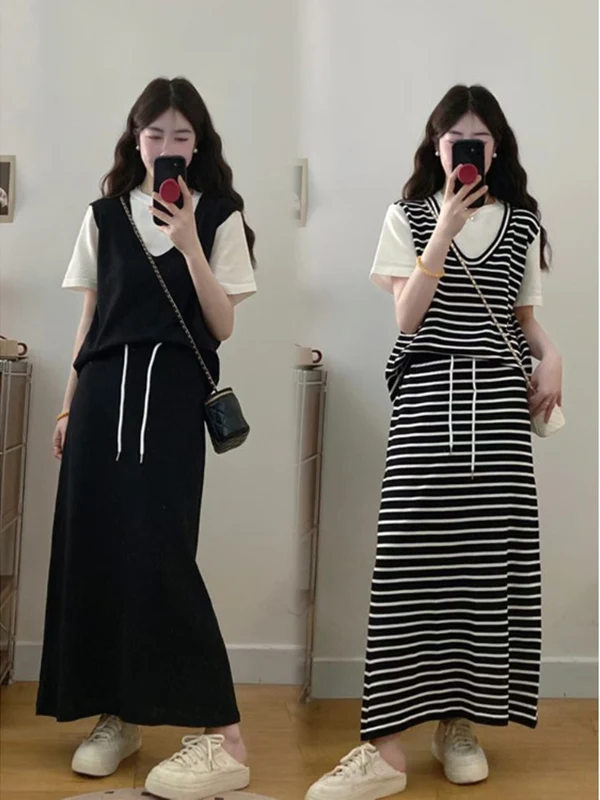 plus Size Casual Outfit Women Summer New Style Slimming Two Piece Set Short Sleeve Top Half Skirt Striped Patchwork Fashion Set
plus Size Casual Outfit Women Summer New Style Slimming Two Piece Set Short Sleeve Top Half Skirt Striped Patchwork Fashion Set