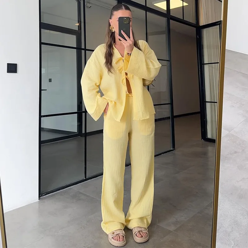 DriftWear Solid Color Bow Tie Long Sleeve Blouse & Wide Leg Pants See Through Casual Suit Set Chinese Style Cardigan 2pc Outfit
DriftWear Solid Color Bow Tie Long Sleeve Blouse & Wide Leg Pants See Through Casual Suit Set Chinese Style Cardigan 2pc Outfit
