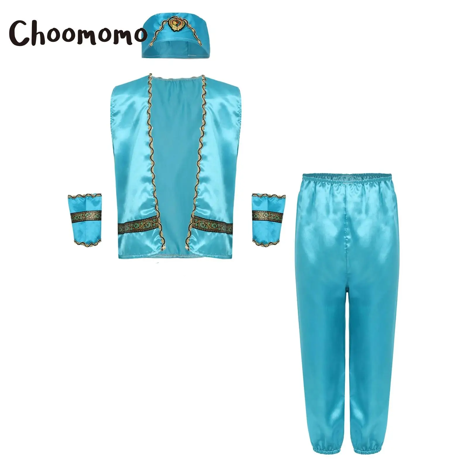 Kids Boys Arabian Costume Halloween Cosplay Party Roleplay Set with Open Front Vest Pants Hand Ornaments and Cap for Theme Party
Kids Boys Arabian Costume Halloween Cosplay Party Roleplay Set with Open Front Vest Pants Hand Ornaments and Cap for Theme Party