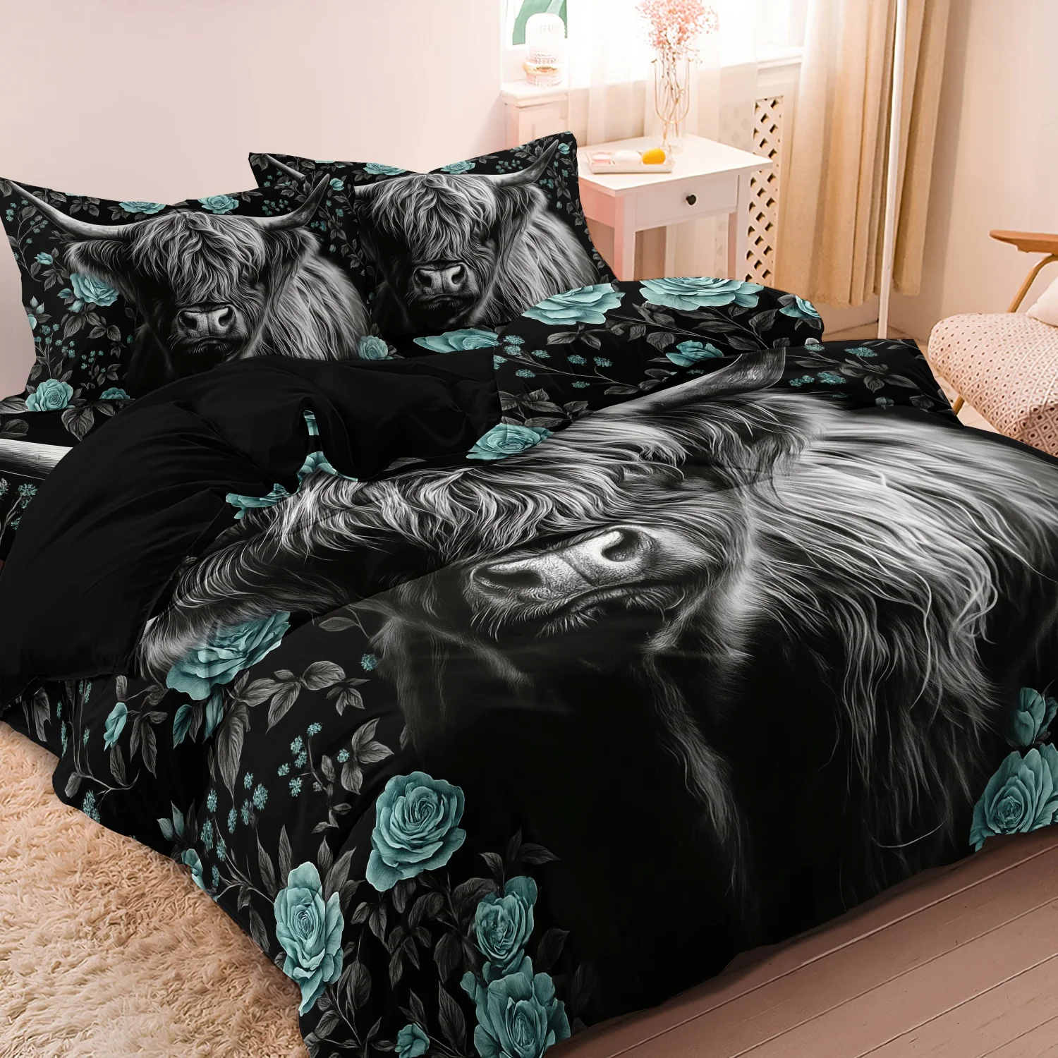 3pcs Set Dark Highland Cow Blue Rose Print Duvet Cover (1 Duvet Cover + 2 Pillowcases ) for Home Or Dorm Bedrooms Hotels Use
3pcs Set Dark Highland Cow Blue Rose Print Duvet Cover (1 Duvet Cover + 2 Pillowcases ) for Home Or Dorm Bedrooms Hotels Use
