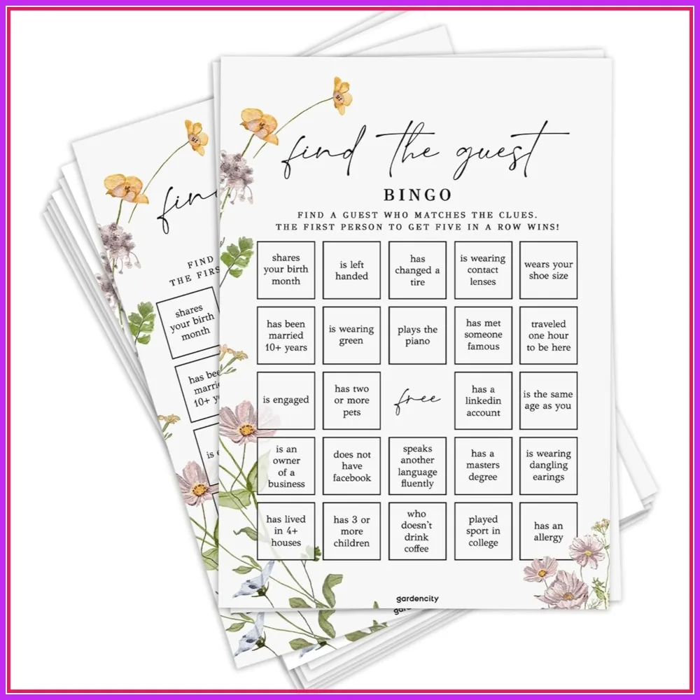 Find The Guest Bingo Game Cards, Bridal Shower Games, Baby Shower Bingo, Wedding Game, 50 Cards - Wildflower
Find The Guest Bingo Game Cards, Bridal Shower Games, Baby Shower Bingo, Wedding Game, 50 Cards - Wildflower